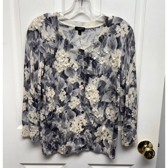 Talbots Gray White Cardigan, Floral, Silk Blend, Embroidered Flowers, Womens S - Picture 1 of 5